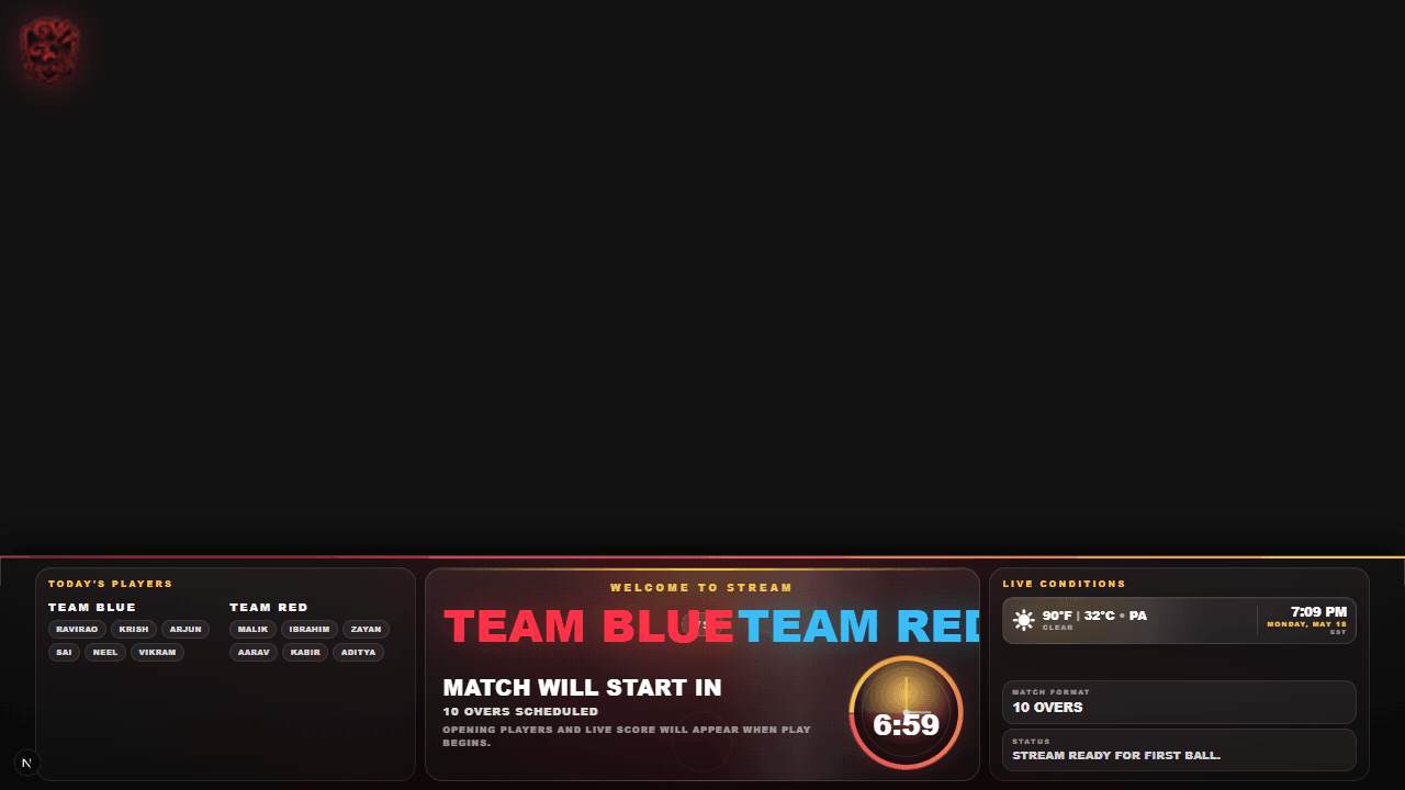 Before first ball GV Cricket streaming overlay screenshot