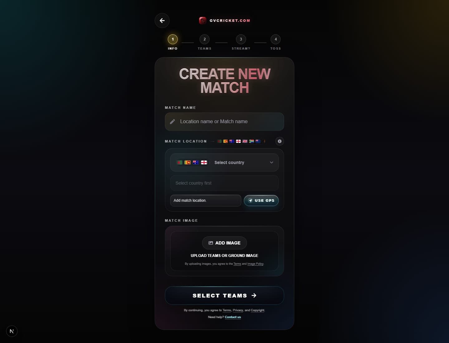 Mobile cricket live streaming match creation screen