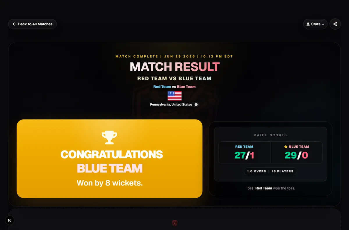 Match Result Page screenshot from GV Cricket